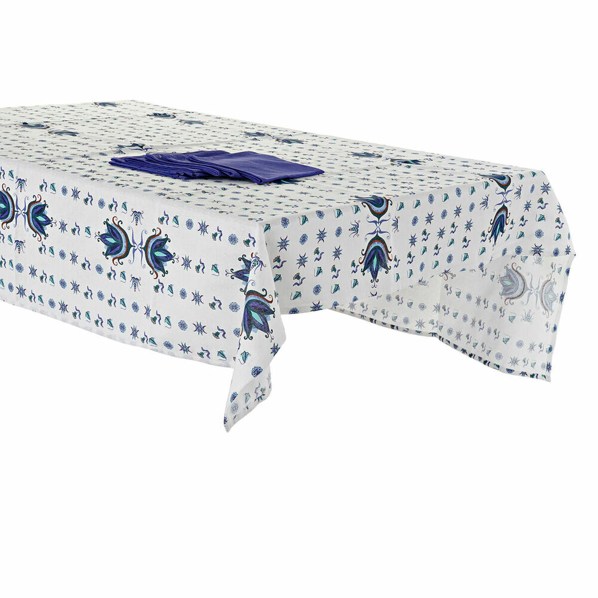 Tablecloth and napkins DKD Home Decor Blue Cotton White (150 x 150 x 0.5 cm) (36 x 35 x 0,5 cm) (2 pcs)