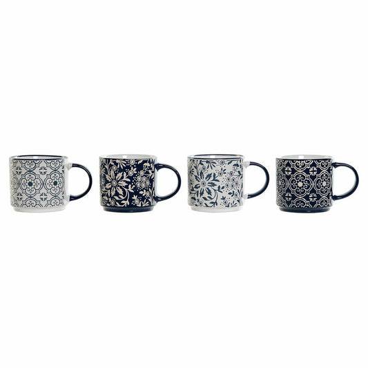 Mug DKD Home Decor Blue White Iron Stoneware (400 ml) (4 pcs)
