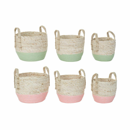 Basket set DKD Home Decor Natural Pink Green Fibre (2 pcs) (30 x 30 x 32 cm)