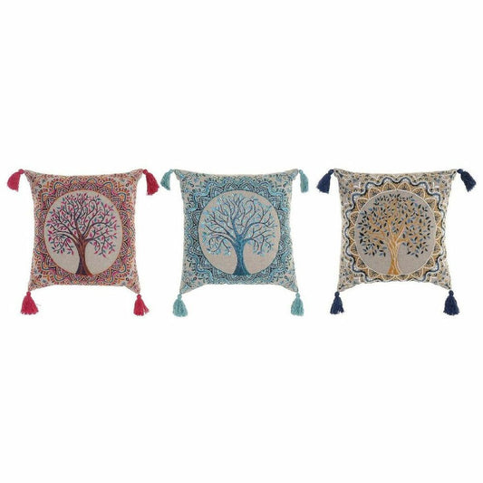 Cushion DKD Home Decor S3017655 Red Tree Blue Polyester Cotton Aluminium Yellow Indian Man (3) (40 x 10 x 40 cm) (3 Units)