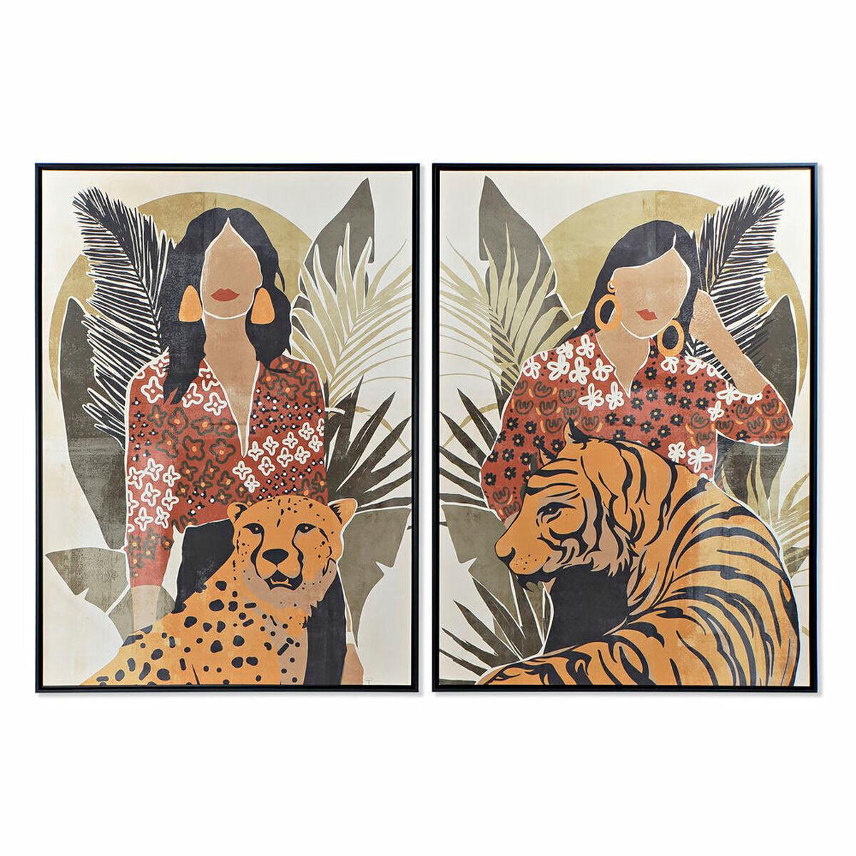 Painting DKD Home Decor Lady Tiger Animal Tropical (104 x 4,5 x 144 cm) (2 Units)