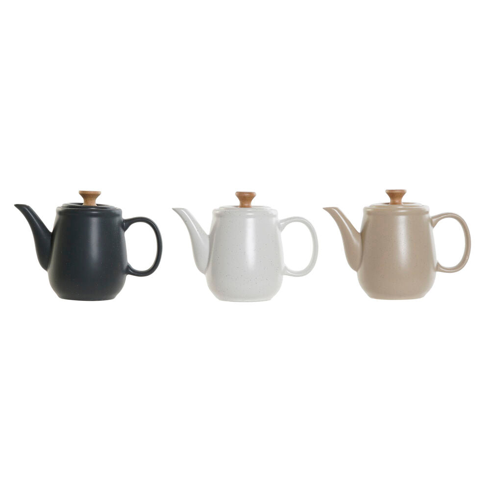 Teapot DKD Home Decor S3026065 Natural Beige Rubber wood White Dark grey Stoneware (23 x 12 x 16.5 cm) (3 pcs) (1L)